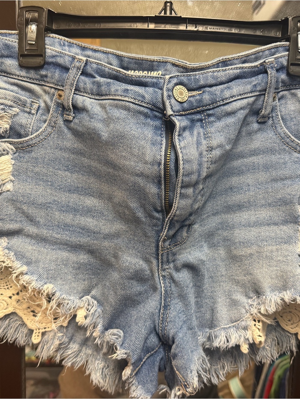 Light Blue Distressed Denim Shorts with Crochet Trim
